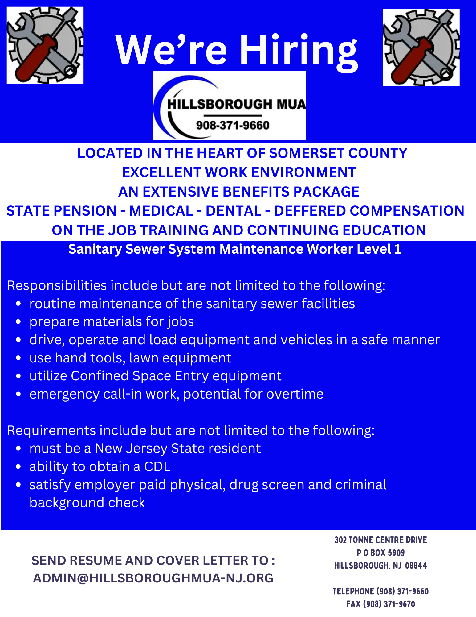 Full Time Sanitary Sewer System Maintenance Worker – Level 1 flyer. open a PDF version in a new tab.